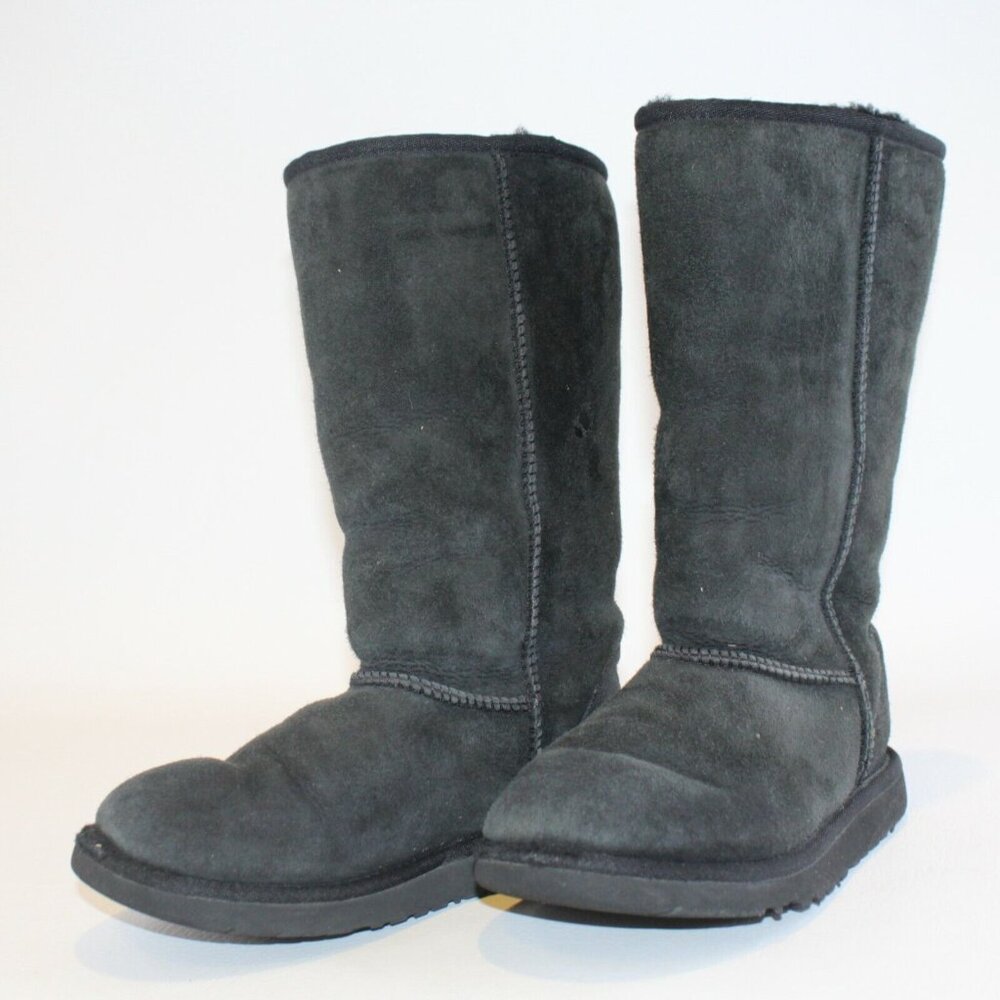 UGG Youth Sz 4 Classic Tall Black Suede Shearling Lined Pull On Mid Calf Boots - Picture 3 of 12